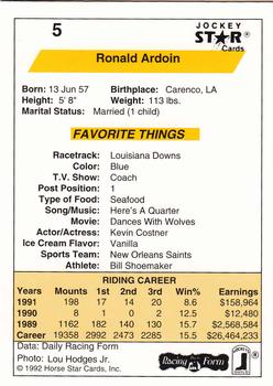 1992 Jockey Star #5 Ronald Ardoin Back